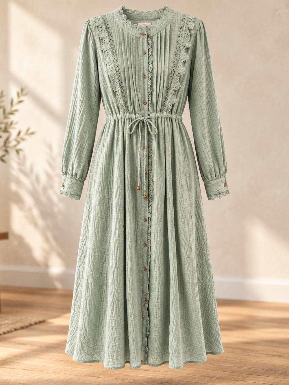 Just Me Happy Day Cotton, Fully Rayon Lining Lace Adorned Dress in Sage. NWOT LG